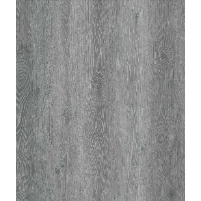 Suelo vinílico SPC Musala - 1.220 x 182 x 5,5 mm, Gris, Resistente al agua - Patrón de madera gris con detalles de grano, que ofrece un aspecto moderno y natural para suelos o superficies de muebles.