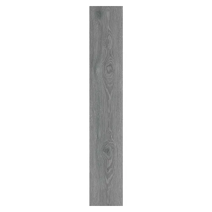 Suelo vinílico SPC Musala - 1.220 x 182 x 5,5 mm, Gris, Resistente al agua - Panel de madera gris con marcados patrones de grano y nudos, ideal para un diseño de interiores moderno y rústico.