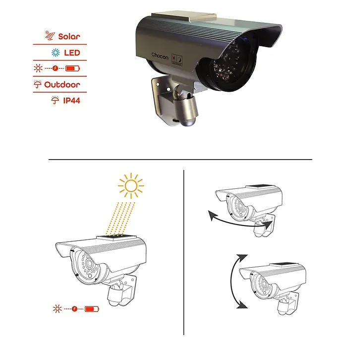 Chacon Cámara de vigilancia falsa solar - Plateado - Una cámara LED solar para exteriores con función de giro y protección IP44 para exteriores.