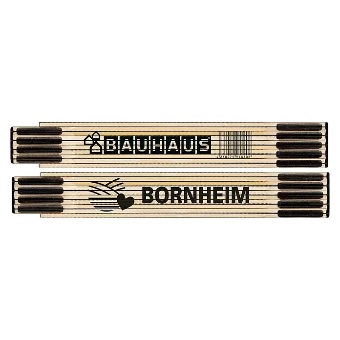 BAUHAUS Zollstock - Bornheim - Hölzerner Gliedermaßstab mit schwarzem Aufdruck 'BAUHAUS' und 'BORNHEIM'.