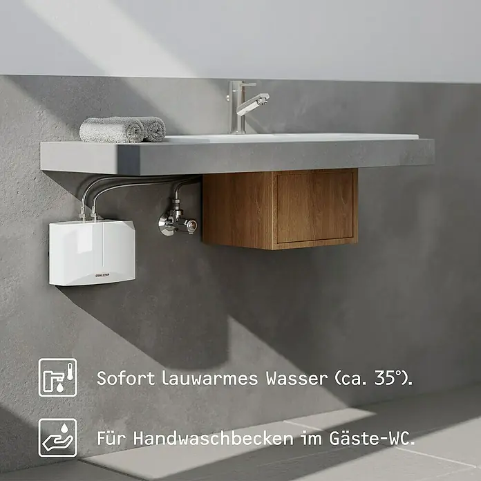 Stiebel Eltron Kleindurchlauferhitzer DNM 6 - 5,7 kW, Hydraulisch, Offen - Warmwasserbereiter für Handwaschbecken im Gäste-WC. Sofort lauwarmes Wasser (ca. 35°). Ideal für kleine Badezimmer.