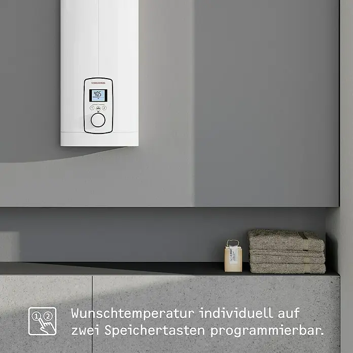 Stiebel Eltron Durchlauferhitzer DEL Plus - 18/21/24 kW, Elektronisch, Geschlossen - Warmwasserspeicher mit digitaler Steuerung zur individuellen Temperaturprogrammierung.