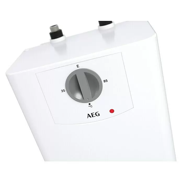 AEG Termo eléctrico KLE 5 U - 5 l, 2 kW, Baja presión, Montaje bajo mesa - Calentador de agua AEG blanco con mando de control gris, ajuste de temperatura de 35 a 85°C y luz indicadora roja.