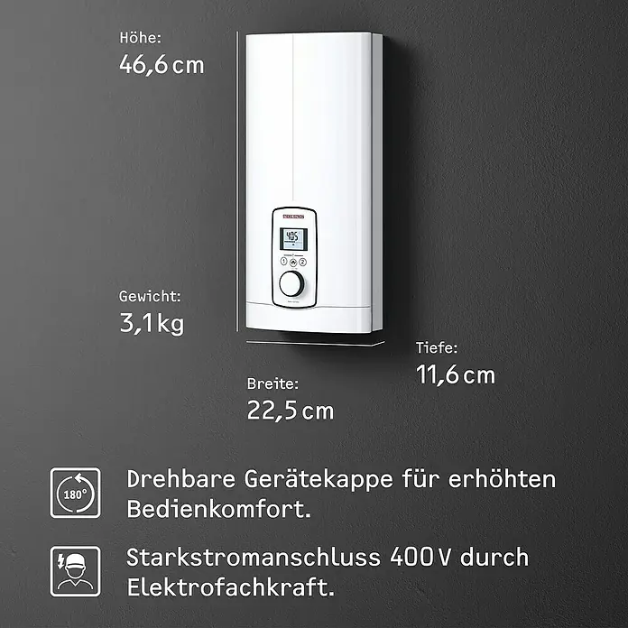 Stiebel Eltron Durchlauferhitzer DEL Plus - 18/21/24 kW, Elektronisch, Geschlossen - Produktdetails: Der elektronische Durchlauferhitzer mit Drehregler bietet erhöhten Bedienkomfort. Der Starkstromanschluss erfolgt durch Elektrofachkraft.