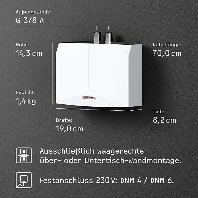 Stiebel Eltron Kleindurchlauferhitzer DNM 6 - 5,7 kW, Hydraulisch, Offen - Abbildung eines Stiebel Eltron Warmwassergeräts mit Maßangaben zu Größe, Gewicht und technischen Details.