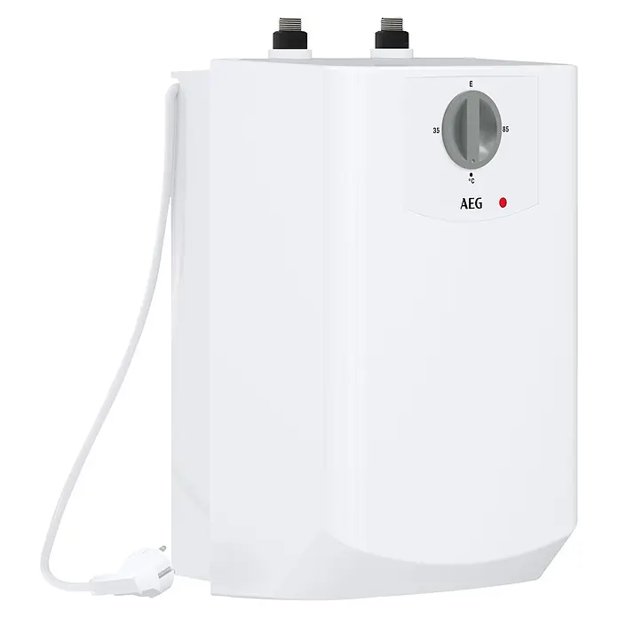 AEG Termo eléctrico KLE 5 U - 5 l, 2 kW, Baja presión, Montaje bajo mesa - Calentador de agua eléctrico blanco con dial de temperatura (35-85°C, E) y logo AEG, cable de alimentación y conexiones superiores.