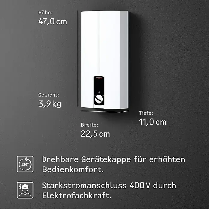 Stiebel Eltron Durchlauferhitzer DHB 21 ST - 21 kW, Elektronisch, Geschlossen - Abbildung eines Stiebel Eltron Warmwasserspeichers mit den Maßen 47,0 cm Höhe, 22,5 cm Breite und 11,0 cm Tiefe sowie einem Gewicht von 3,9 kg.