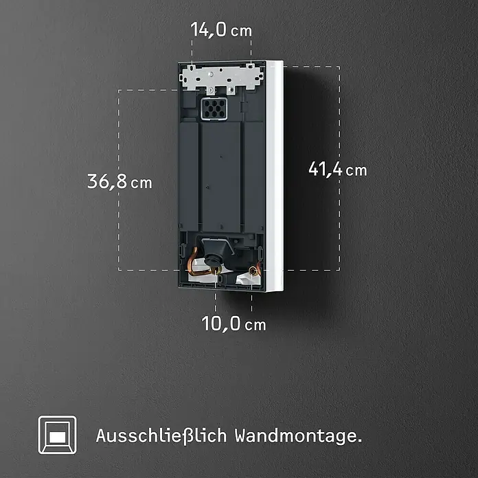 Stiebel Eltron Durchlauferhitzer DHB 21 ST - 21 kW, Elektronisch, Geschlossen - Wandmontierter Warmwasserbereiter mit Maßangaben. Kompaktes Design, ideal für die Wandmontage, inklusive Dimensionen.