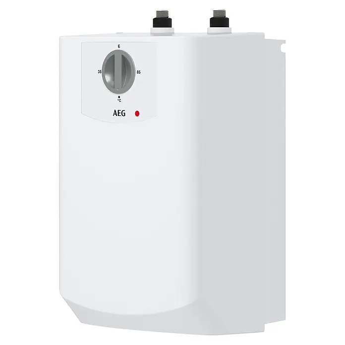 AEG Termo eléctrico KLE 5 U - 5 l, 2 kW, Baja presión, Montaje bajo mesa - La imagen muestra un calentador de agua AEG blanco, destacando su dial de control de temperatura y las conexiones para agua caliente.
