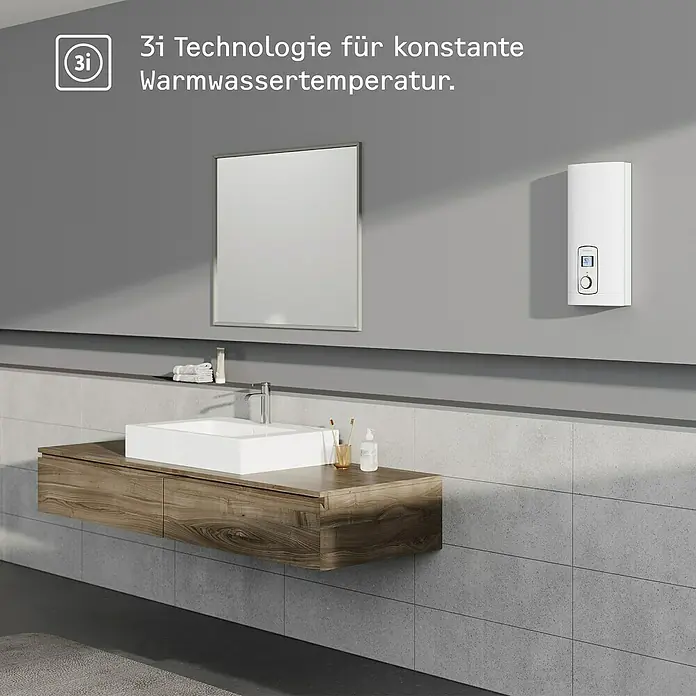 Stiebel Eltron Durchlauferhitzer DEL Plus - 18/21/24 kW, Elektronisch, Geschlossen - Modernes Badezimmer mit stilvollem Waschbecken und einem energieeffizienten Warmwasserbereiter für konstante Warmwassertemperatur.