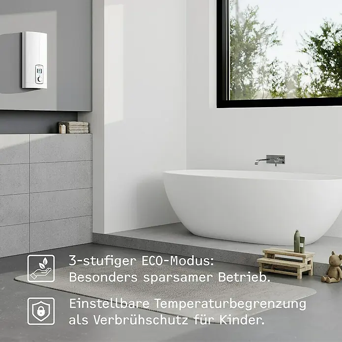 Stiebel Eltron Durchlauferhitzer DEL Plus - 18/21/24 kW, Elektronisch, Geschlossen - Badezimmer mit Badewanne, Warmwasserbereiter an der Wand, mit ECO-Modus und einstellbarer Temperaturbegrenzung für Kindersicherheit.