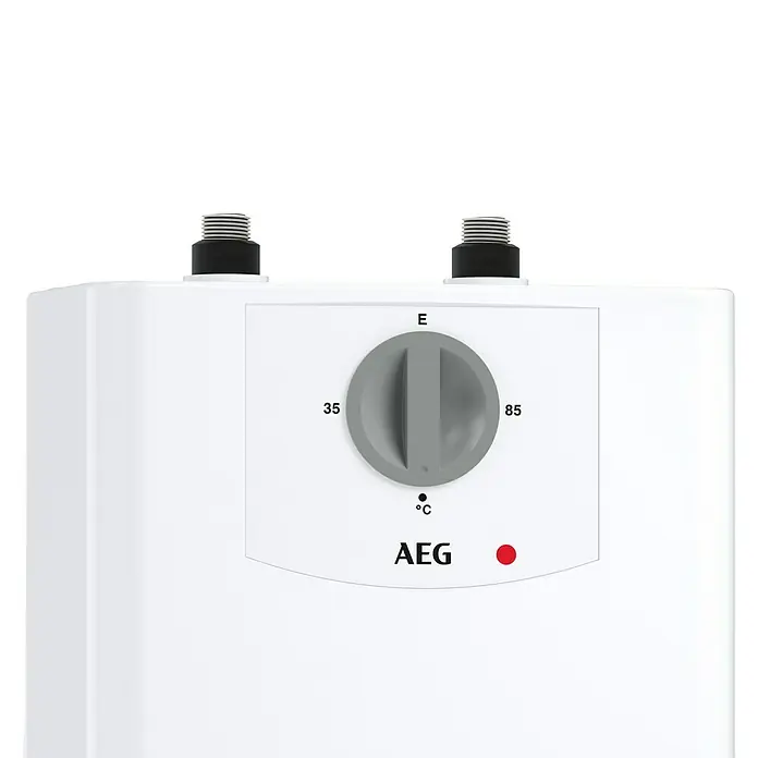 AEG Termo eléctrico KLE 5 U - 5 l, 2 kW, Baja presión, Montaje bajo mesa - Primer plano de un calentador de agua AEG con control de temperatura e indicador LED. Perfecto para un suministro eficiente de agua caliente.