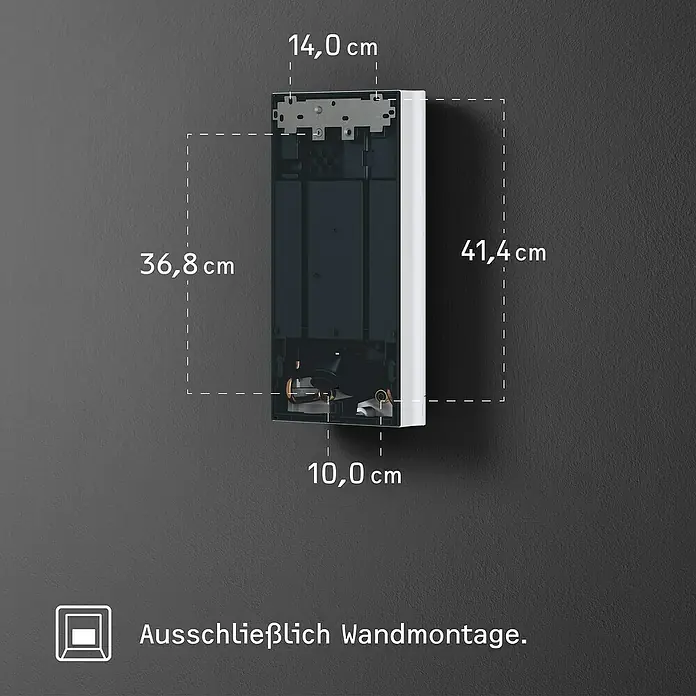 Stiebel Eltron Durchlauferhitzer DEL Plus - 18/21/24 kW, Elektronisch, Geschlossen - Produktabbildung mit Abmessungen. Eine weiße Box zur Wandmontage mit einer Höhe von 41,4 cm und einer Breite von 14 cm.