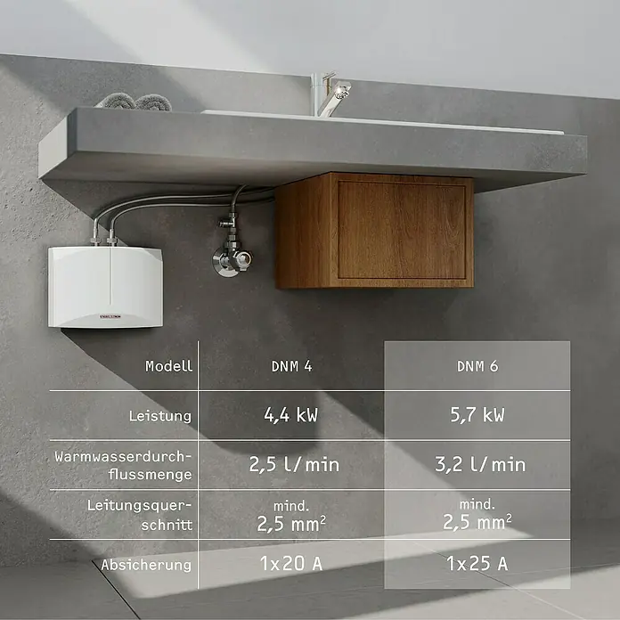 Stiebel Eltron Kleindurchlauferhitzer DNM 6 - 5,7 kW, Hydraulisch, Offen - Modellauswahl: Der Stiebel Eltron DNM 4 und DNM 6 sind Warmwasserbereiter mit Leistungsdaten und technischer Spezifikationen im Überblick.