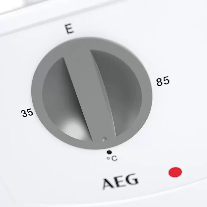 AEG Warmwasserspeicher KLE 5 U - 5 l, 2 kW, Niederdruck, Untertischmontage - Weißes Bedienfeld mit grauem Temperaturregler, Markierungen 35-85°C und 'E', mit AEG-Logo und roter Leuchte.