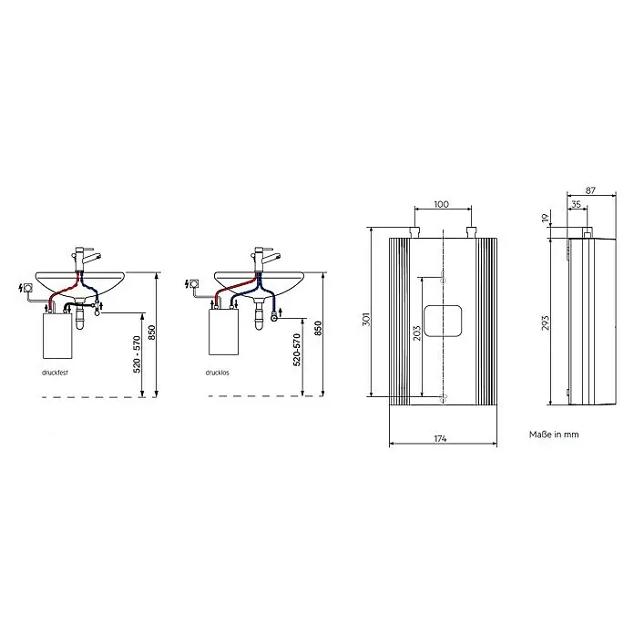 AEG Calentador DDLE 11/13 Kompakt - 13,5 kW, Electrónico - Esquemas de instalación y dimensiones de un calentador de agua bajo lavabo, con conexiones a presión y sin presión.