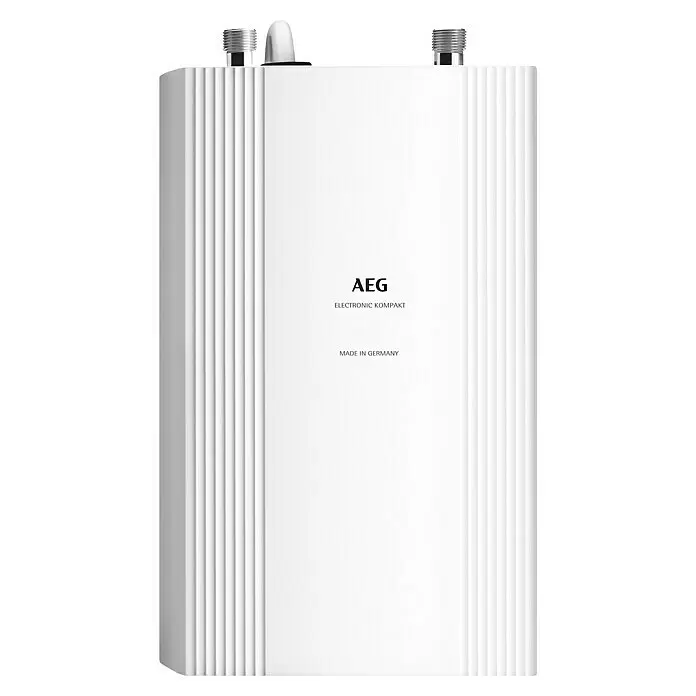 AEG Calentador DDLE 11/13 Kompakt - 13,5 kW, Electrónico - Dispositivo AEG Electronic Kompakt blanco con ranuras verticales y conectores superiores.