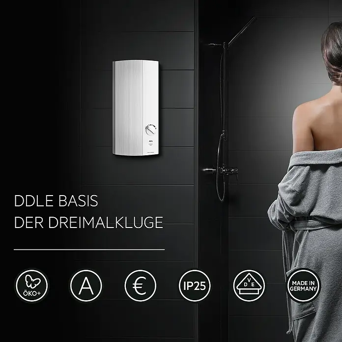 AEG Durchlauferhitzer DDLE Basis - 18/21/24 kW, Elektronisch - AEG DDLE Basis Durchlauferhitzer im Badezimmer mit elegantem Design, sparsam und effizient für warmes Wasser.