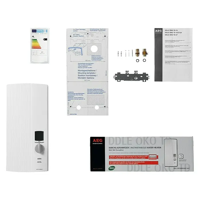 AEG Durchlauferhitzer DDLE TD - 18/21/24 kW, Elektronisch - Abbildung eines AEG DDLE ÖKO T Durchlauferhitzers mit Zubehör, Montageanleitung und Energieetikett.