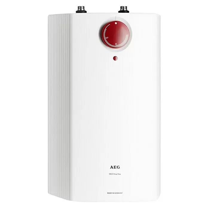 AEG Termo eléctrico Huz 5 DropStop - 5 l, Rango de temperaturas: 35 °C - 85 °C, Montaje bajo mesa - Calentador de agua blanco AEG con dial de control de temperatura rojo y luz indicadora.