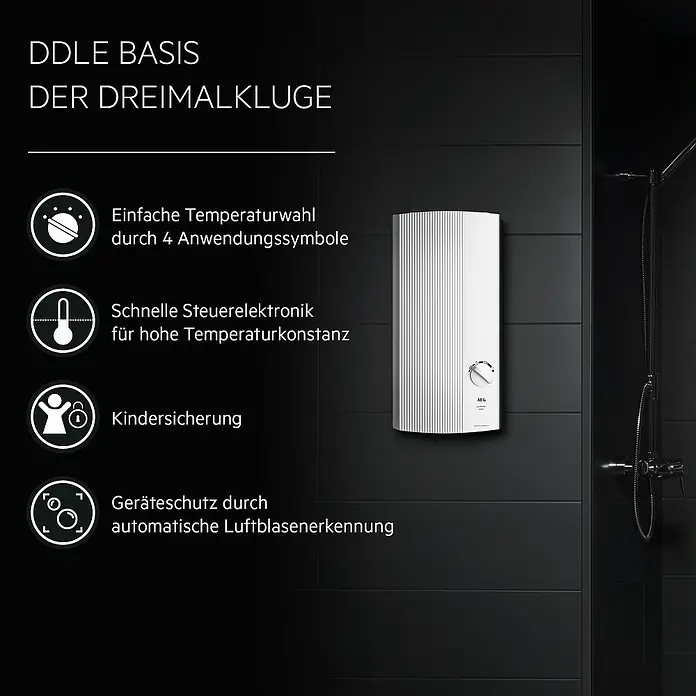 AEG Durchlauferhitzer DDLE Basis - 18/21/24 kW, Elektronisch - Bild eines elektronischen Durchlauferhitzers von AEG mit Funktionen wie Temperaturwahl, Kindersicherung und Luftblasenerkennung.