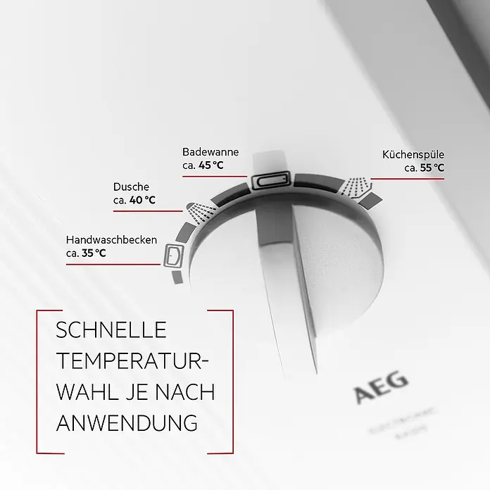 AEG Durchlauferhitzer DDLE Basis - 18/21/24 kW, Elektronisch - Nahaufnahme eines AEG-Temperaturreglers mit verschiedenen Temperatureinstellungen für Dusche, Badewanne, Küchenspüle und Handwaschbecken.