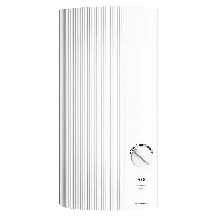 AEG Durchlauferhitzer DDLE Basis - 18/21/24 kW, Elektronisch - Das Bild zeigt eine AEG-Warmwassertherme für elektronische Warmwasserbereitung mit Temperaturregler. Das Gerät ist weiß und für die Wandmontage.