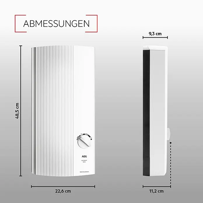 AEG Durchlauferhitzer DDLE Basis - 18/21/24 kW, Elektronisch - Abbildung des AEG-Warmwasserbereiters mit den Abmessungen 48,5 cm Höhe, 22,6 cm Breite und 9,3 cm Tiefe.