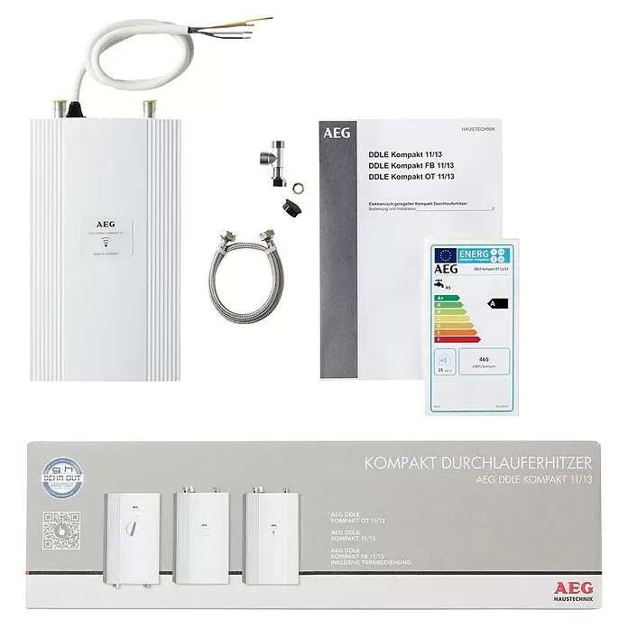 AEG Calentador DDLE 11/13 Kompakt - 13,5 kW, Electrónico - Calentador de agua instantáneo compacto AEG con accesorios, manual y etiqueta energética.