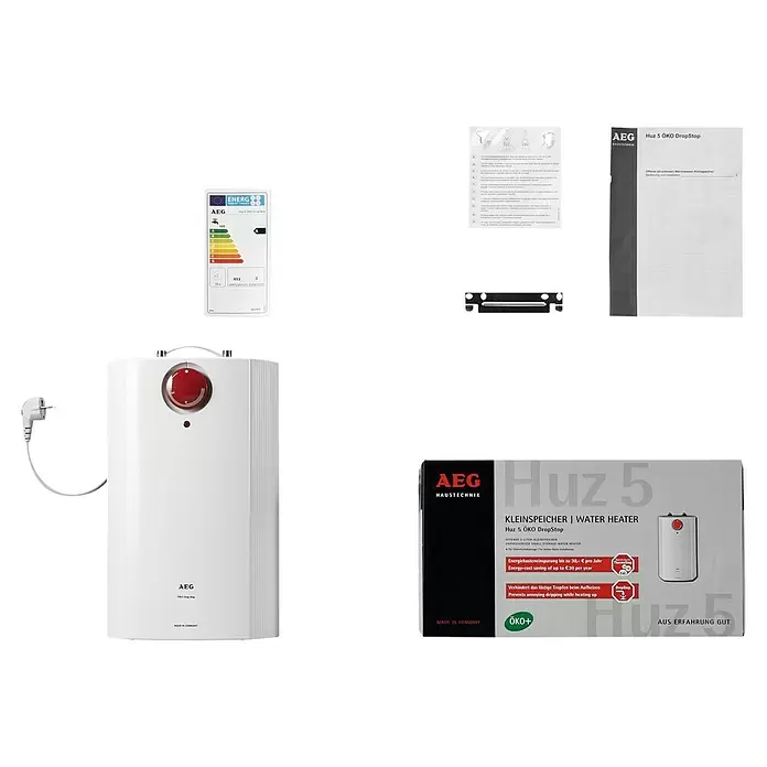 AEG Termo eléctrico Huz 5 DropStop - 5 l, Rango de temperaturas: 35 °C - 85 °C, Montaje bajo mesa - Calentador de agua pequeño AEG Hoz 5 ÖKO DropStop blanco con dial rojo.