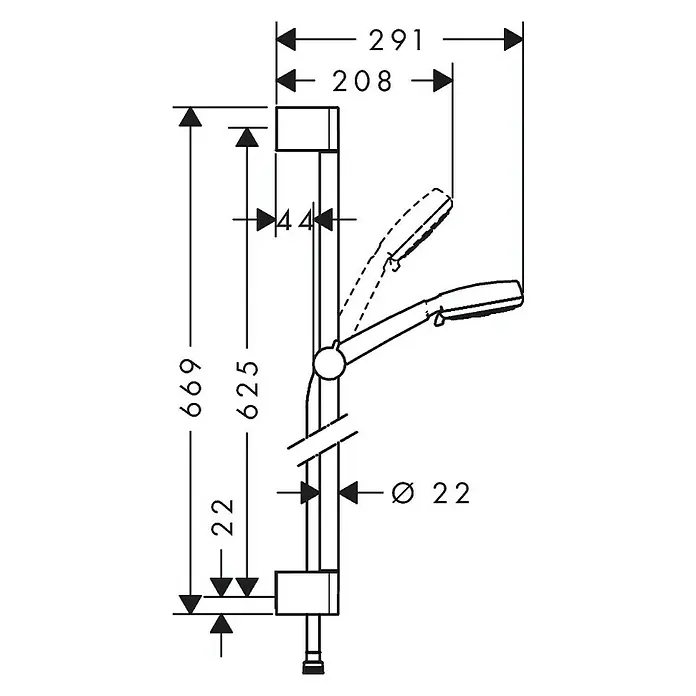 Hansgrohe Crometta Brausegarnitur 100 Multi - Lochabstand: 62,5 cm, Art Strahl: Rain, Turbostrahl, Massagestrahl, Chrom - Technische Zeichnung einer Brausestange mit Maßangaben. Die Brausestange ist mit einer Handbrause und einer Kopfbrause ausgestattet.