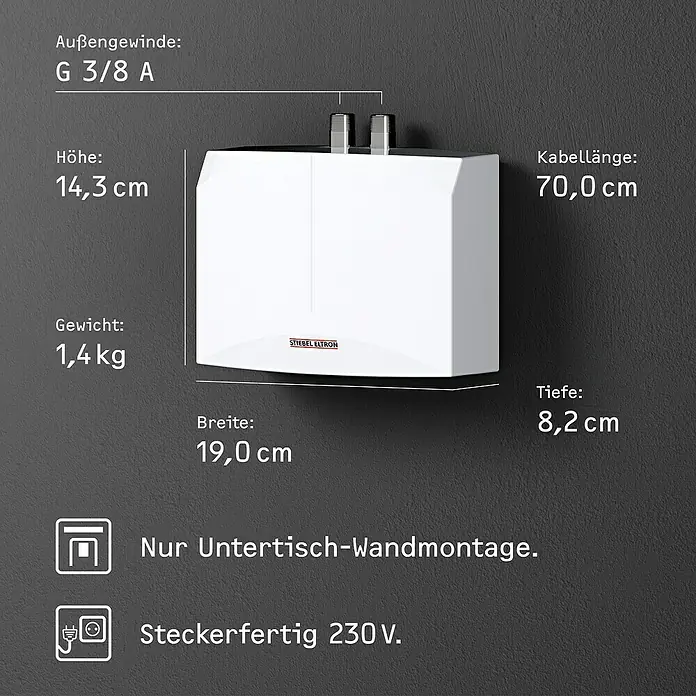 Stiebel Eltron Durchlauferhitzer DHM 3 - 3,53 kW, Hydraulisch, Drucklos - Abbildung eines Stiebel Eltron Warmwasserspeichers mit technischen Details wie Größe und Gewicht.