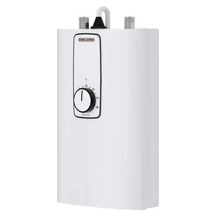Stiebel Eltron Durchlauferhitzer DCE 11/13 - 13,5 kW, Elektronisch, Geschlossen - Ansicht eines Stiebel Eltron Warmwasserspeichers mit Temperaturregler und Anschlüssen. Kompaktes und effizientes Gerät für die Warmwasserversorgung.