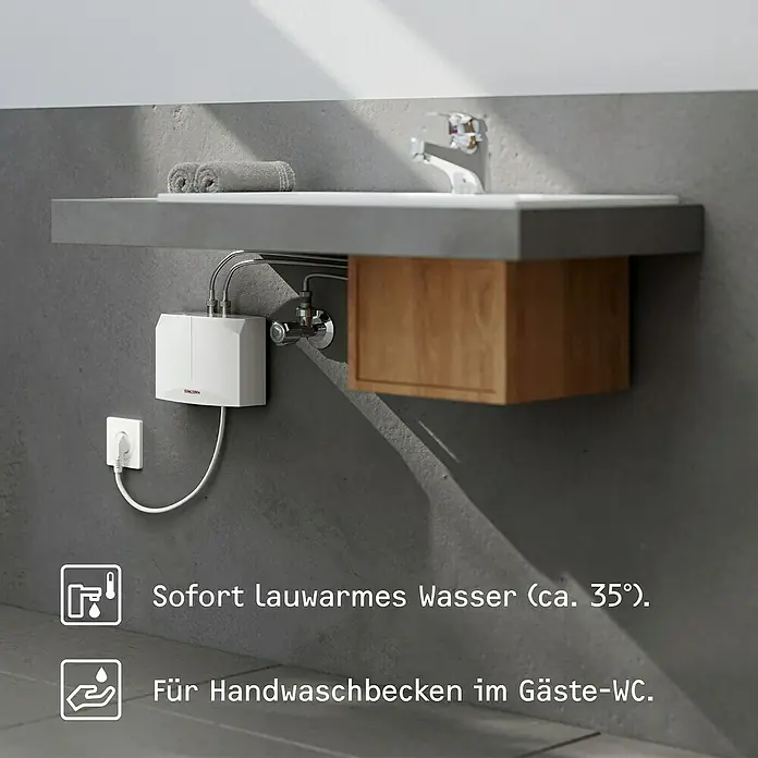 Stiebel Eltron Durchlauferhitzer DHM 3 - 3,53 kW, Hydraulisch, Drucklos - Warmwasserbereiter von Stiebel Eltron für sofortiges lauwarmes Wasser im Gästebad, ideal für Handwaschbecken.