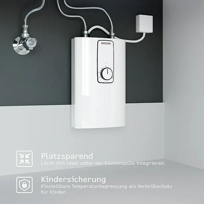 Stiebel Eltron Durchlauferhitzer DCE 11/13 - 13,5 kW, Elektronisch, Geschlossen - Stiebel Eltron Warmwasserspeicher zur platzsparenden Montage unter der Spüle, mit einstellbarer Temperaturbegrenzung für mehr Sicherheit.