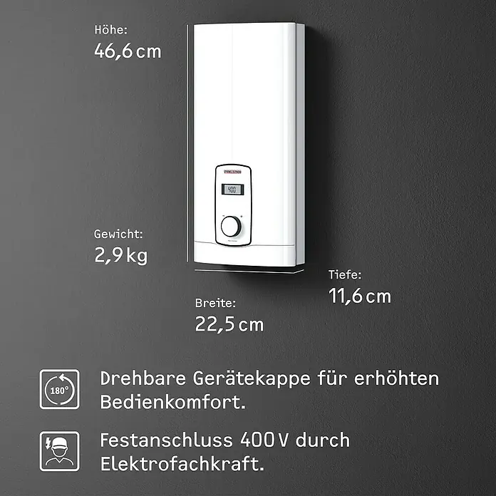 Stiebel Eltron Durchlauferhitzer DHB-E 18 LCD 25A - 18 kW, Elektronisch, Geschlossen - Abbildung eines Stiebel Eltron Warmwasserspeichers mit den Maßen 46,6 cm Höhe, 22,5 cm Breite und 11,6 cm Tiefe, Gewicht 2,9 kg.
