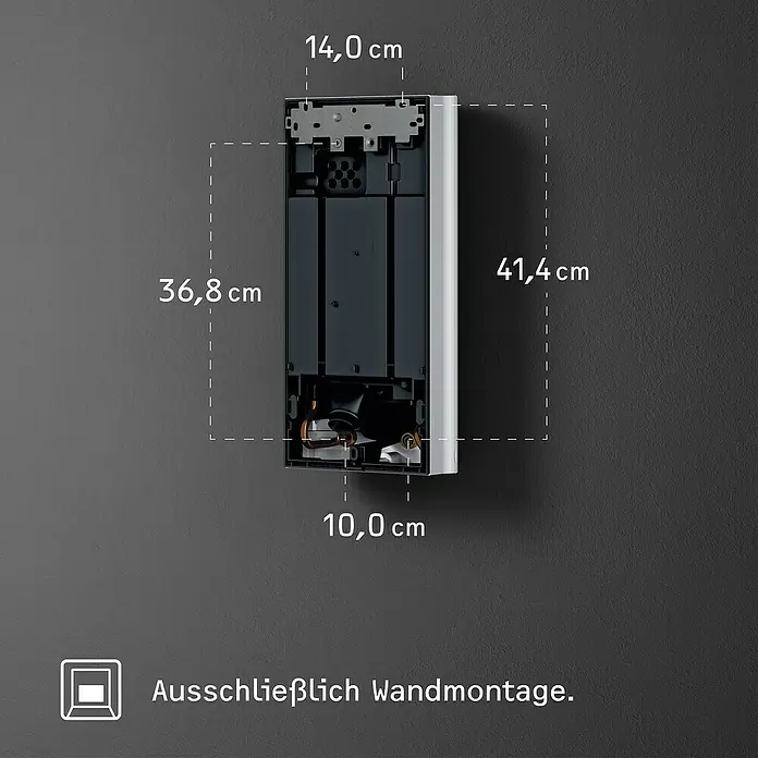 Stiebel Eltron Durchlauferhitzer DHB-E 18 LCD 25A - 18 kW, Elektronisch, Geschlossen - Produktansicht mit Maßangaben zur Wandmontage: 14,0 cm breit, 41,4 cm hoch, 36,8 cm tief. Ausschließlich für Wandmontage geeignet.