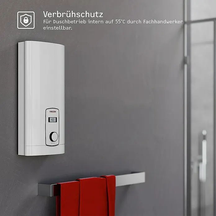 Stiebel Eltron Durchlauferhitzer DHB-E 18 LCD 25A - 18 kW, Elektronisch, Geschlossen - Warmwasserbereiter mit Verbrühschutz. Für Duschbetrieb intern auf 55°C durch Fachhandwerker einstellbar.
