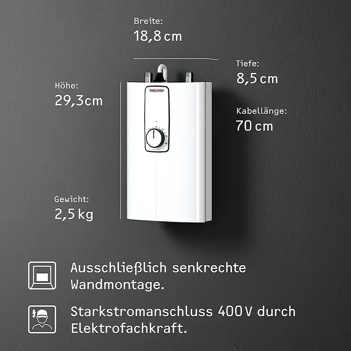 Stiebel Eltron Durchlauferhitzer DCE 11/13 - 13,5 kW, Elektronisch, Geschlossen - Abbildung eines Stiebel Eltron Warmwasserbereiters mit den Maßen Höhe: 29,3cm, Breite: 18,8cm, Tiefe: 8,5cm, Kabellänge: 70cm und Gewicht: 2,5kg.