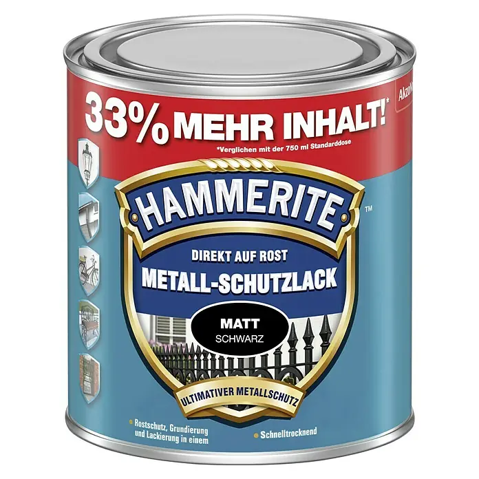 Hammerite Metall-Schutzlack - Schwarz, 1 l, Matt, Lösemittelbasiert - Dose Hammerite Metallschutzlack matt schwarz mit dem Hinweis "33% mehr Inhalt".