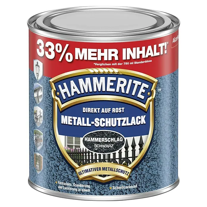 Hammerite Metall-Schutzlack Hammerschlag - Schwarz, 1 l, Glänzend, Lösemittelbasiert - Dose Hammerite Metall-Schutzlack Schwarz mit Rostschutz, Grundierung und Lackierung für langanhaltenden, ultimativen Metallschutz.