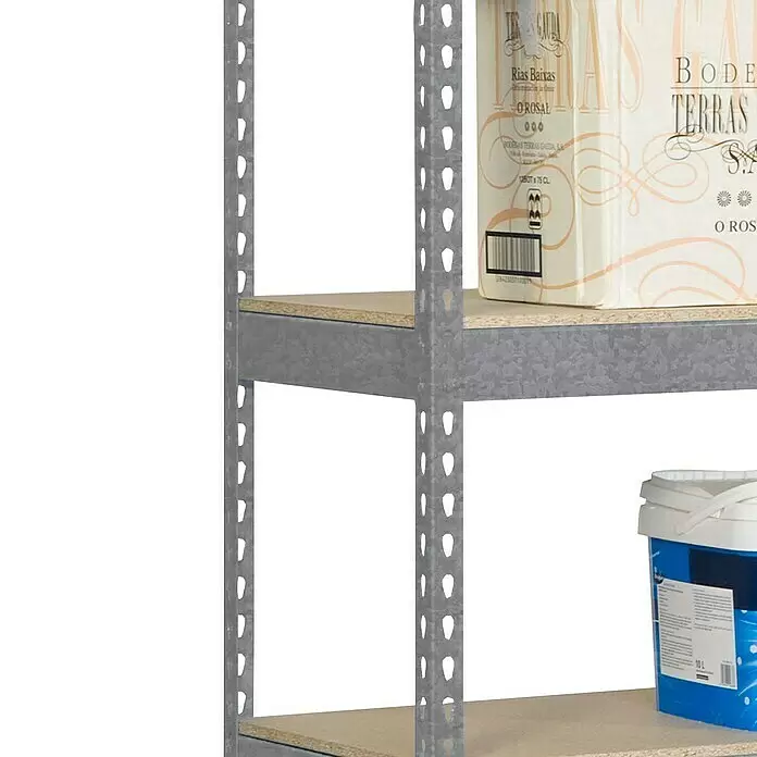 Simonrack Bricoforte Schwerlastregal Bricoforte Chipboard - H x B x T: 200 x 100 x 60 cm, Traglast pro Boden: 300 kg, Anzahl Böden: 5 Stk., Stecken, Silber - Verzinktes Metallregal mit Holzbrettern, darauf eine Kiste und ein Eimer.