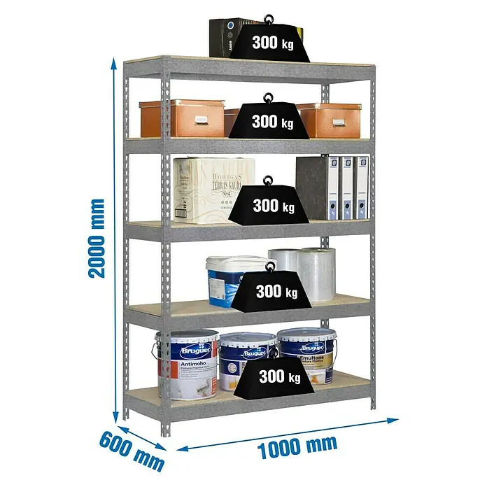 Simonrack Bricoforte Schwerlastregal Bricoforte Chipboard - H x B x T: 200 x 100 x 60 cm, Traglast pro Boden: 300 kg, Anzahl Böden: 5 Stk., Stecken, Silber - Ein robustes, graues Metallregal mit fünf Ebenen, das mit je 300 kg belastbaren Gewichten demonstriert wird.