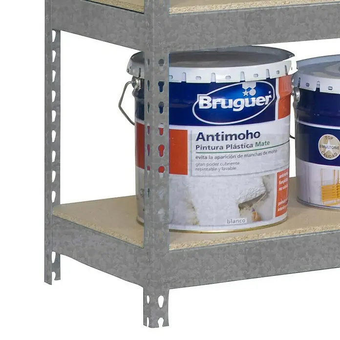 Simonrack Bricoforte Schwerlastregal Bricoforte Chipboard - H x B x T: 200 x 100 x 60 cm, Traglast pro Boden: 300 kg, Anzahl Böden: 5 Stk., Stecken, Silber - Regal mit einem Eimer Bruguer Antimoho Anti-Schimmel-Farbe, ideal für feuchte Räume.