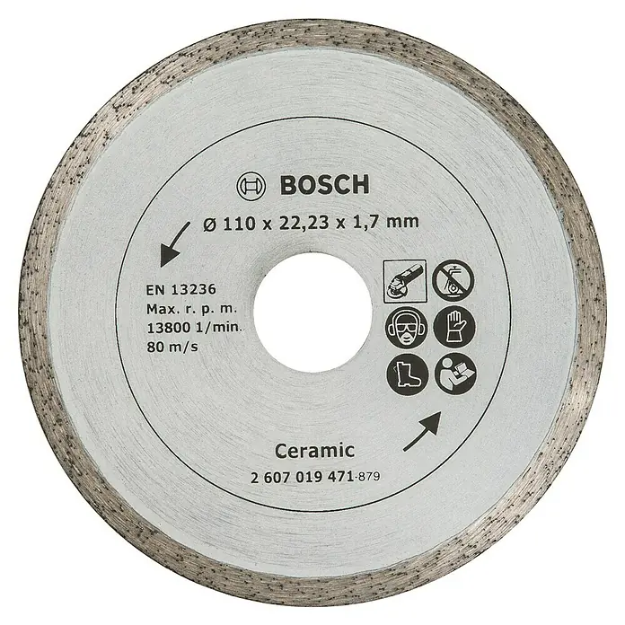 Bosch Diamant-Trennscheibe - Geeignet für: Fliesen, Durchmesser Scheibe: 110 mm - Abbildung einer Bosch Keramik-Trennscheibe mit Durchmesser 110 mm, ideal zum Schneiden von Keramikfliesen und ähnlichen Materialien.