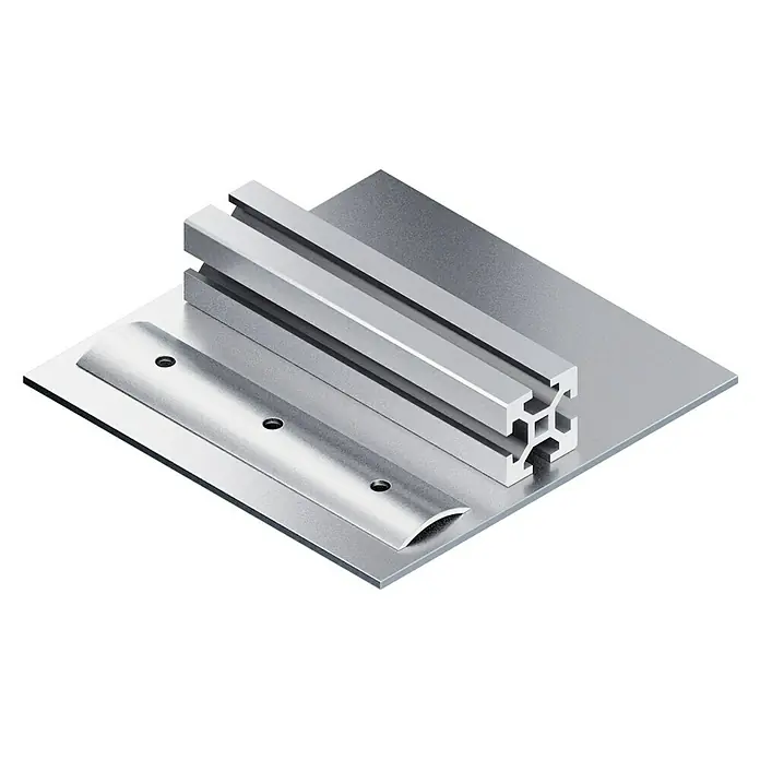Bosch Kreissägeblatt - 235 mm, Bohrung: 30 mm, Anzahl Zähne: 64 Stk. - Detailansicht einer Aluminiumprofilkonstruktion mit Schiene und Platte, die die Präzision und Vielseitigkeit des Produkts hervorhebt.