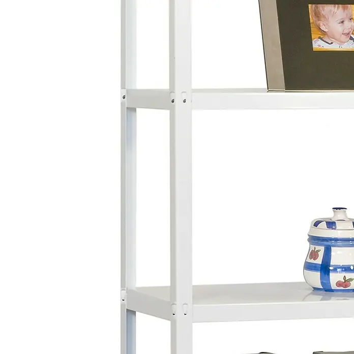 Simonrack Simonhome Metallregal Click Metall Mini - H x B x T: 180 x 80 x 30 cm, Traglast pro Boden: 150 kg, Anzahl Böden: 5 Stk., Stecken, Weiß/Weiß - Nahaufnahme eines weißen Metallregals mit drei Ebenen, auf denen dekorative Gegenstände wie ein Bilderrahmen und ein Keramikgefäß stehen.