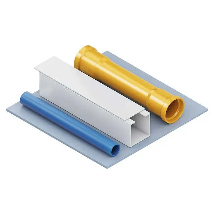 Bosch Kreissägeblatt - 235 mm, Bohrung: 30 mm, Anzahl Zähne: 64 Stk. - Nahaufnahme von blauen, weißen und gelben PVC-Rohren, die auf einer grauen Oberfläche angeordnet sind und die Vielfalt an Installationsmaterialien hervorheben.