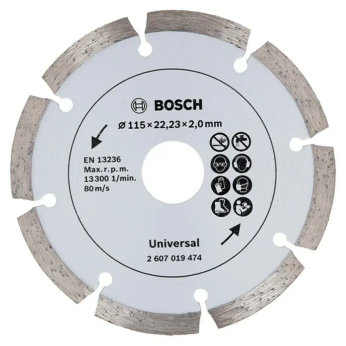 Bosch Diamant-Trennscheibe - Durchmesser Scheibe: 115 mm, Geeignet für: Baumaterialien, 1 Stk. - Nahaufnahme einer Bosch Universal Trennscheibe für Winkelschleifer, ideal zum Schneiden verschiedener Materialien.