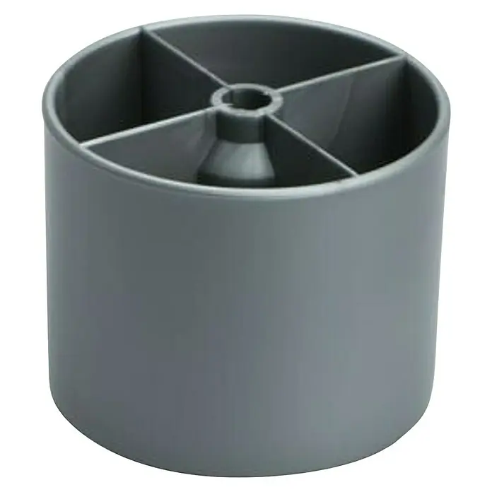 Walteco Möbelfuß - L x B x H: 4,9 x 4,9 x 4 cm, Ø x H: 4,9 x 4 cm, Kunststoff - Ein grauer, zylindrischer Golf-Lochschneider mit einer zentralen Öffnung und vier inneren Trennwänden.